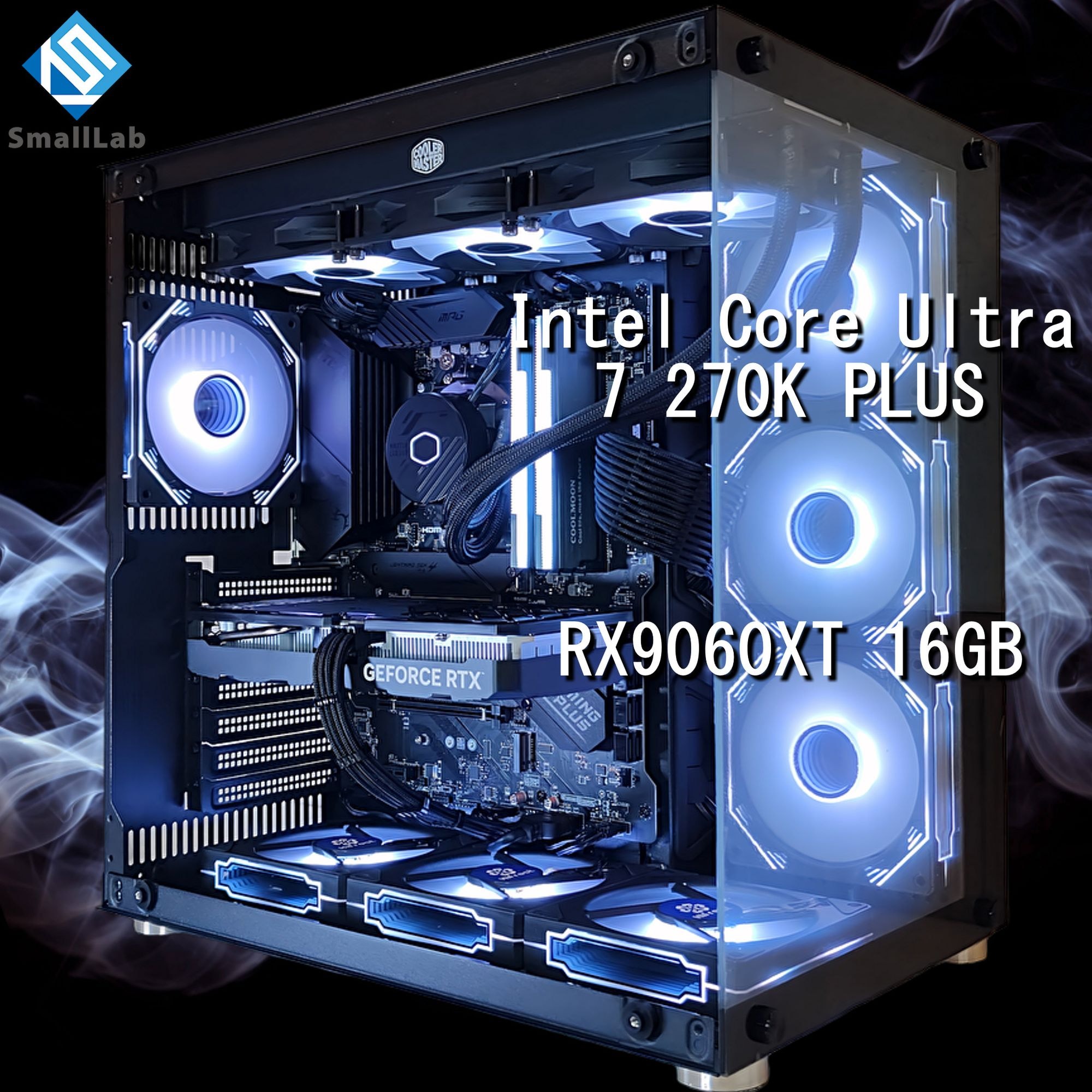 スモールラボ Intel Core Ultra 7 270K PLUS ／ RX9060XT 16GB ガラス2面ATX ゲーミングPC Windows11 Home SSD M.2 NVME 1TB メモリ DDR5 4800MHz 32GB 簡易水冷 360mm ブラック 黒