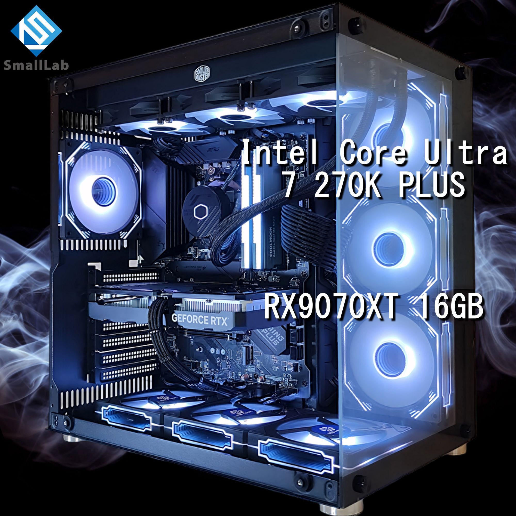 スモールラボ Intel Core Ultra 7 270K PLUS ／ RX9070XT 16GB ガラス2面ATX ゲーミングPC Windows11 Home SSD M.2 NVME 1TB メモリ DDR5 4800MHz 32GB 簡易水冷 360mm ブラック 黒