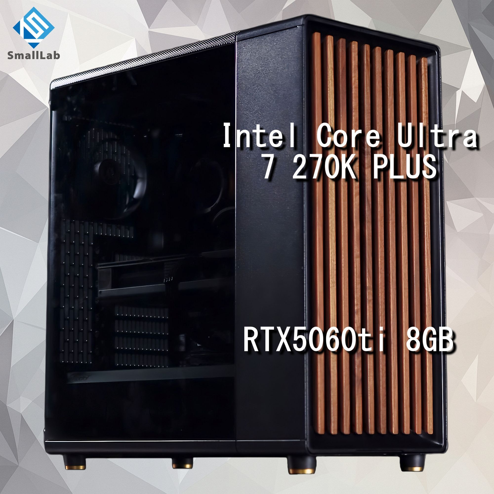 スモールラボ Intel Core Ultra 7 270K PLUS ／ RTX5060ti 8GB ウッドデザイン ゲーミングPC Windows11 Home SSD M.2 NVME 1TB メモリ DDR5 4800MHz 32GB 簡易水冷 240mm ブラック 黒