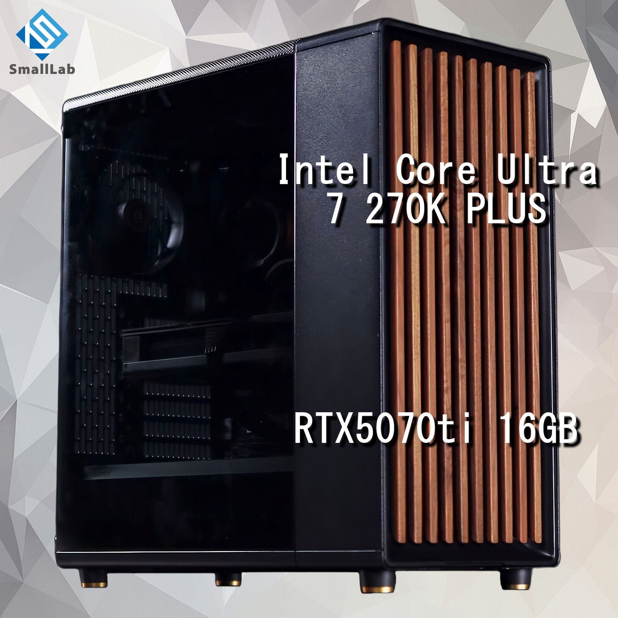 スモールラボ Intel Core Ultra 7 270K PLUS ／ RTX5070ti 16GB ウッドデザイン ゲーミングPC Windows11 Home SSD M.2 NVME 1TB メモリ DDR5 4800MHz 32GB 簡易水冷 240mm ブラック 黒