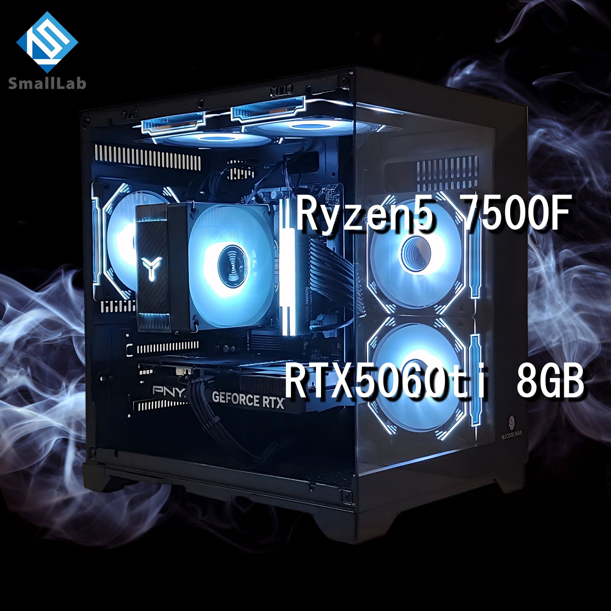スモールラボ AMD Ryzen5 7500F ／ RTX5060ti 8GB ガラス2面コンパクト ゲーミングPC Windows11 Home SSD M.2 NVME 1TB メモリ DDR5 4800MHz 32GB ブラック 黒