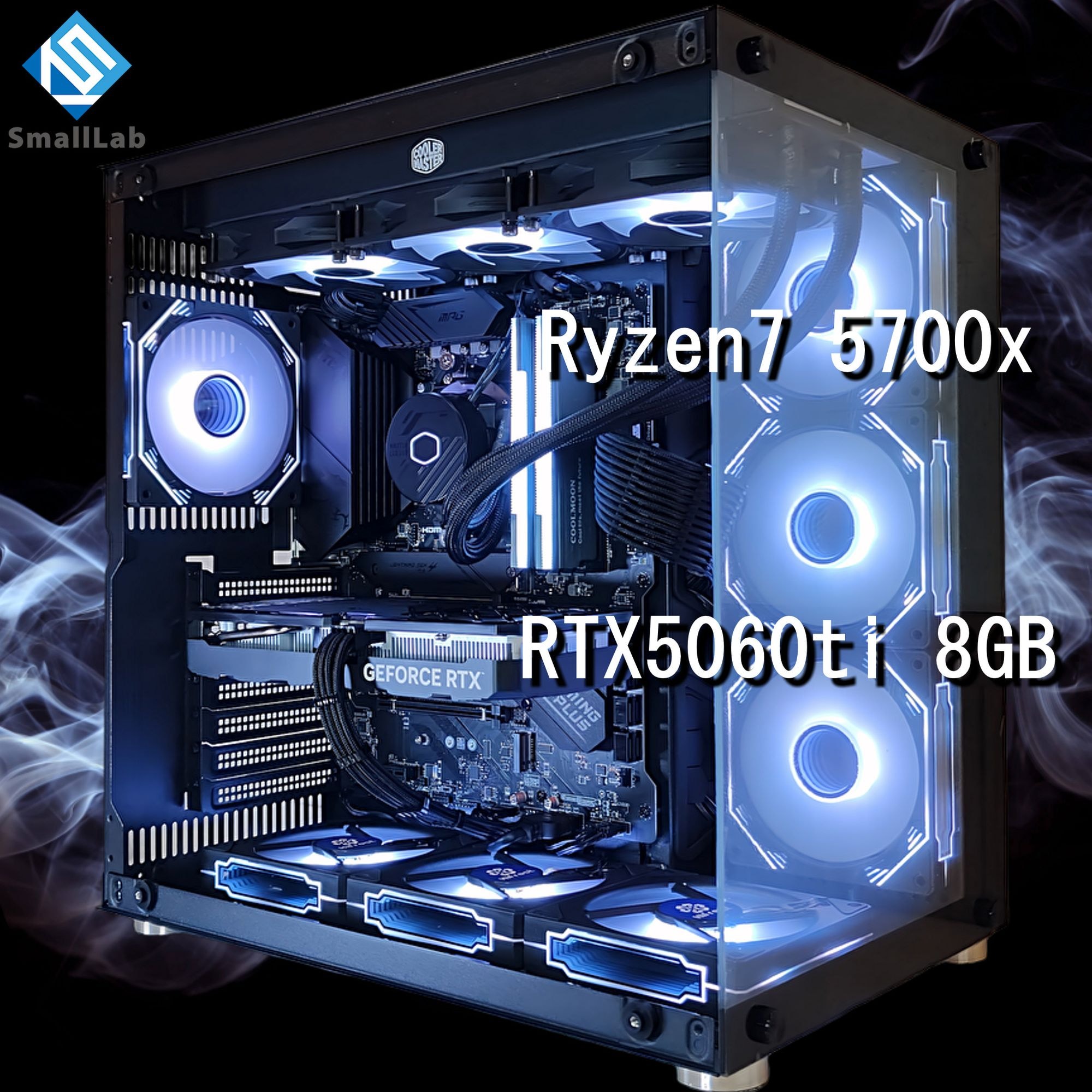 スモールラボ AMD Ryzen7 5700x ／ RTX5060ti 8GB ガラス2面ATX ゲーミングPC Windows11 Home SSD M.2 NVME 1TB メモリ DDR4 3200MHz 32GB 簡易水冷 360mm ブラック 黒