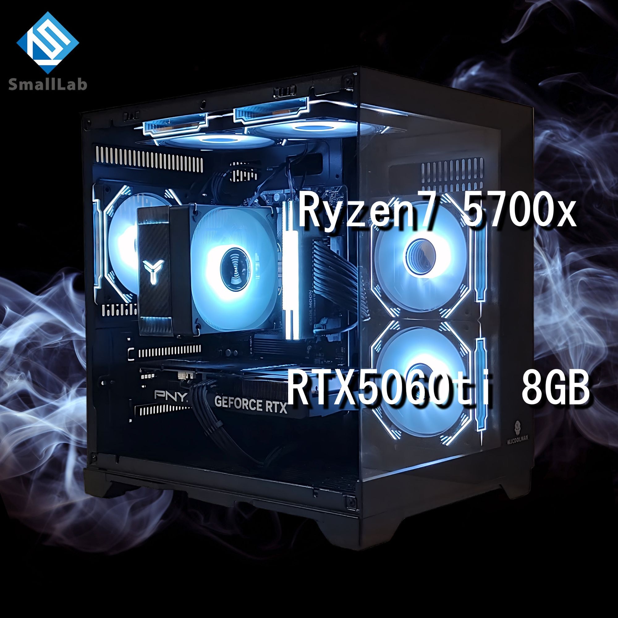 スモールラボ AMD Ryzen7 5700x ／ RTX5060ti 8GB ガラス2面コンパクト ゲーミングPC Windows11 Home SSD M.2 NVME 1TB メモリ DDR4 3200MHz 32GB ブラック 黒