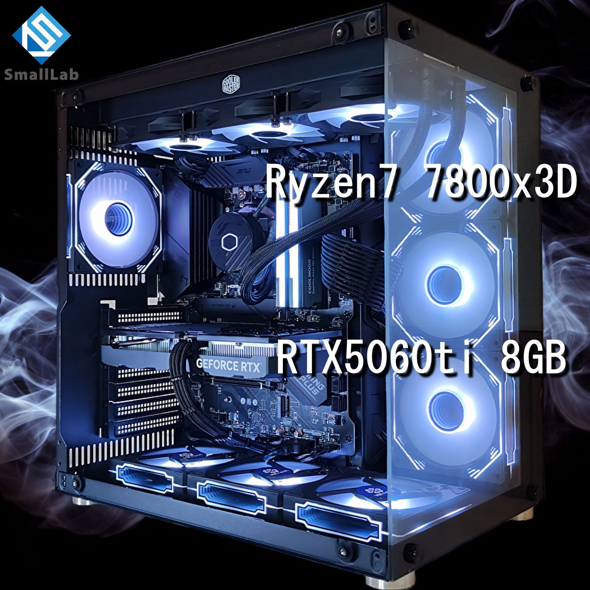 スモールラボ AMD Ryzen7 7800x3D ／ RTX5060ti 8GB ガラス2面ATX ゲーミングPC Windows11 Home SSD M.2 NVME 1TB メモリ DDR5 4800MHz 32GB 簡易水冷 360mm ブラック 黒