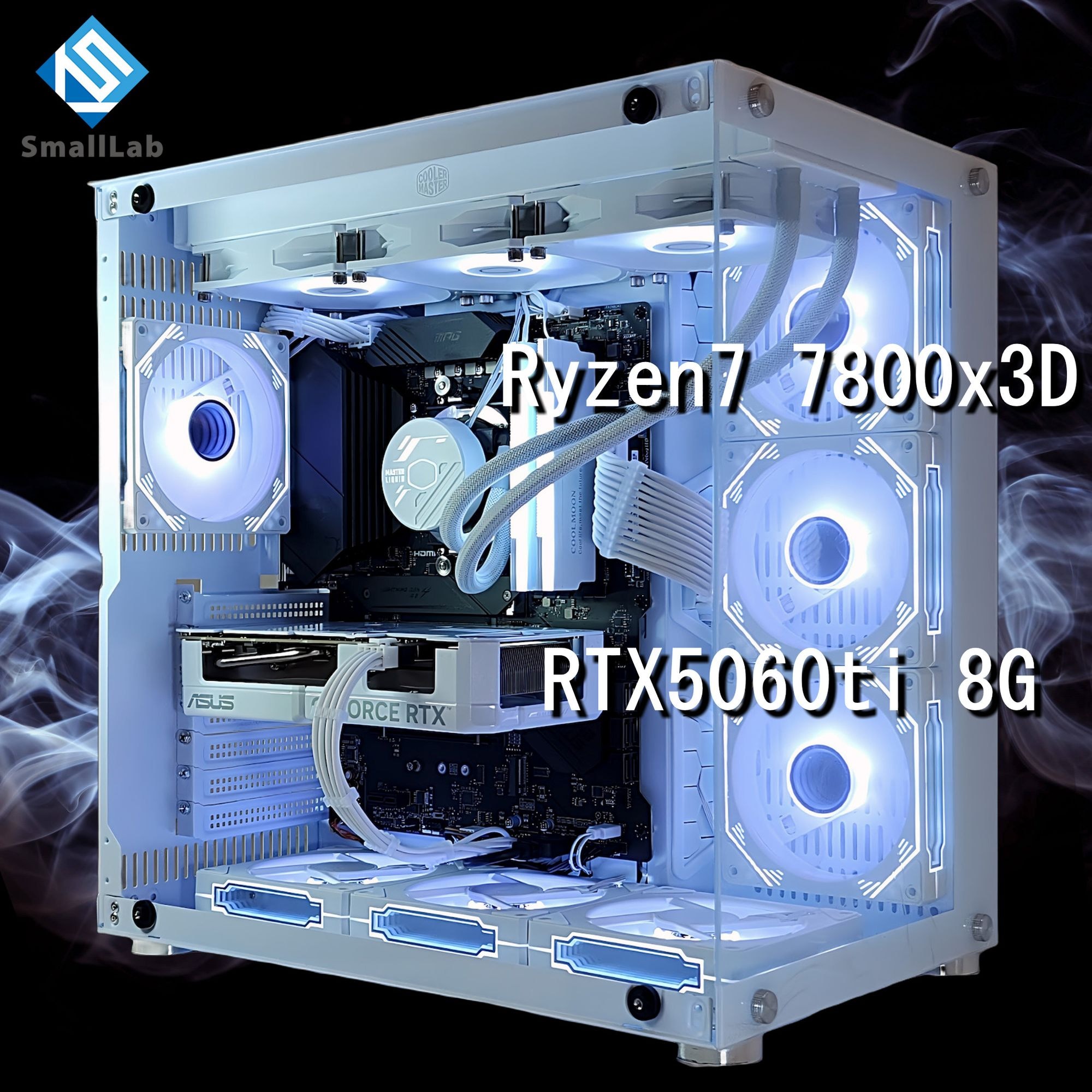 スモールラボ AMD Ryzen7 7800x3D ／ RTX5060ti 8GB ガラス2面ATX ゲーミングPC Windows11 Home SSD M.2 NVME 1TB メモリ DDR5 4800MHz 32GB 簡易水冷 360mm ホワイト 白