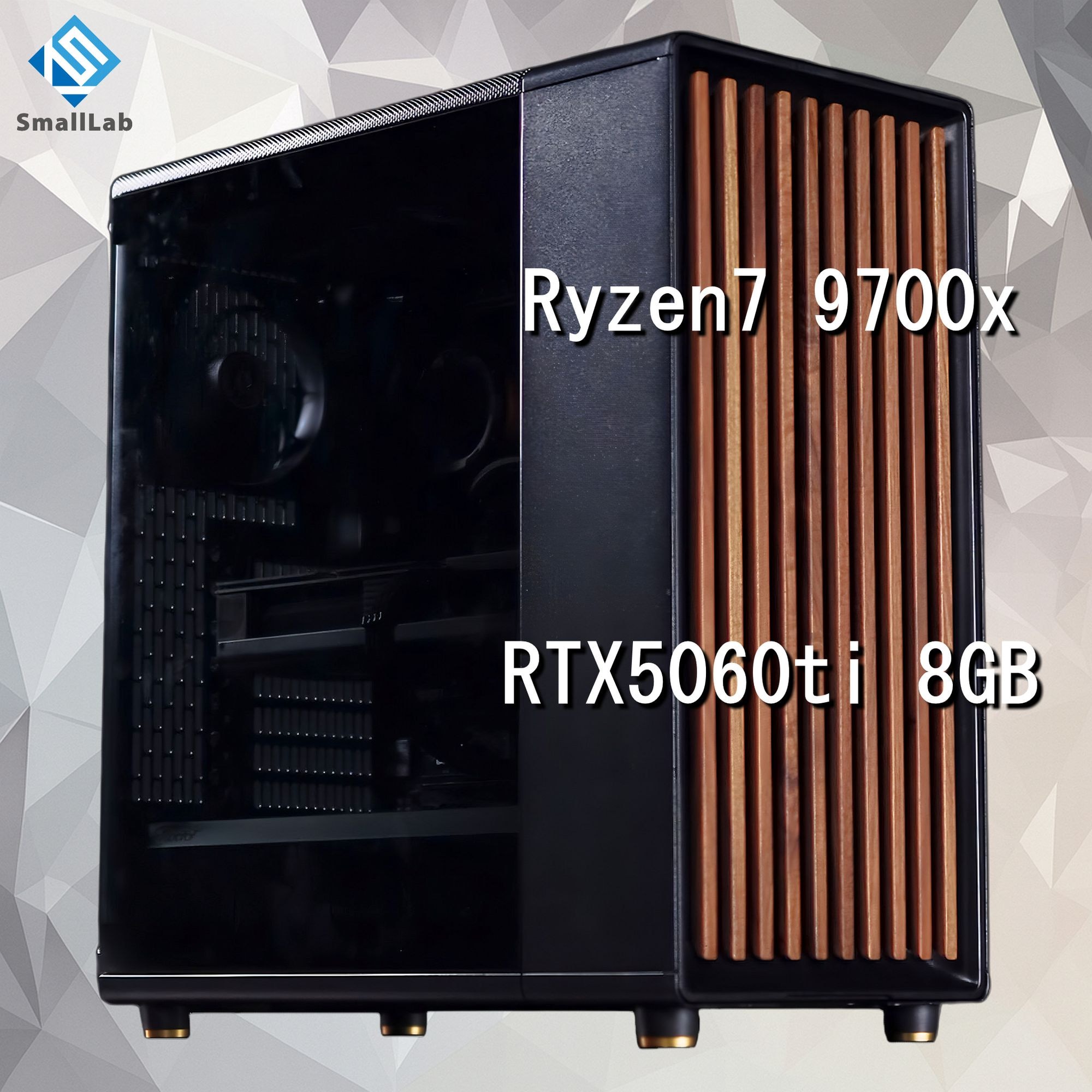 スモールラボ AMD Ryzen7 9700x ／ RTX5060ti 8GB ウッドデザイン ゲーミングPC Windows11 Home SSD M.2 NVME 1TB メモリ DDR5 4800MHz 32GB 簡易水冷 240mm ブラック 黒