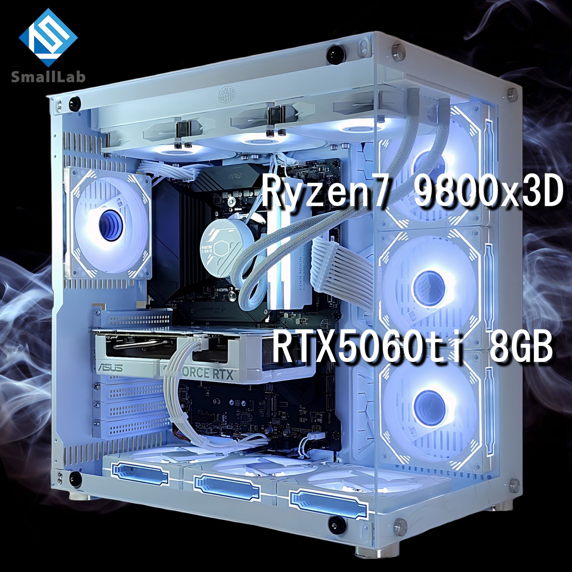 スモールラボ AMD Ryzen7 9800x3D ／ RTX5060ti 8GB ガラス2面ATX ゲーミングPC Windows11 Home SSD M.2 NVME 1TB メモリ DDR5 4800MHz 32GB 簡易水冷 360mm ホワイト 白