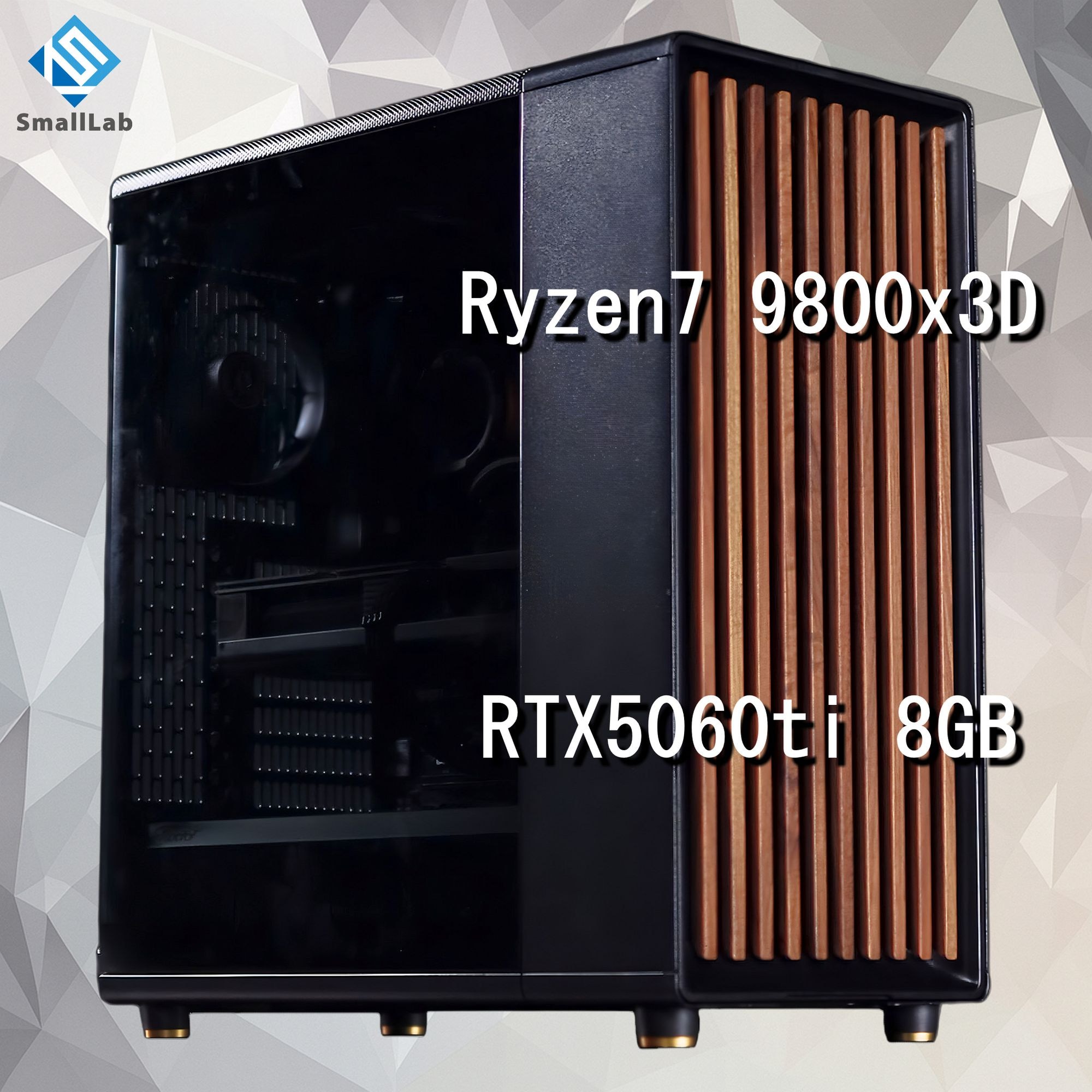 スモールラボ AMD Ryzen7 9800x3D ／ RTX5060ti 8GB ウッドデザイン ゲーミングPC Windows11 Home SSD M.2 NVME 1TB メモリ DDR5 4800MHz 32GB 簡易水冷 240mm ブラック 黒