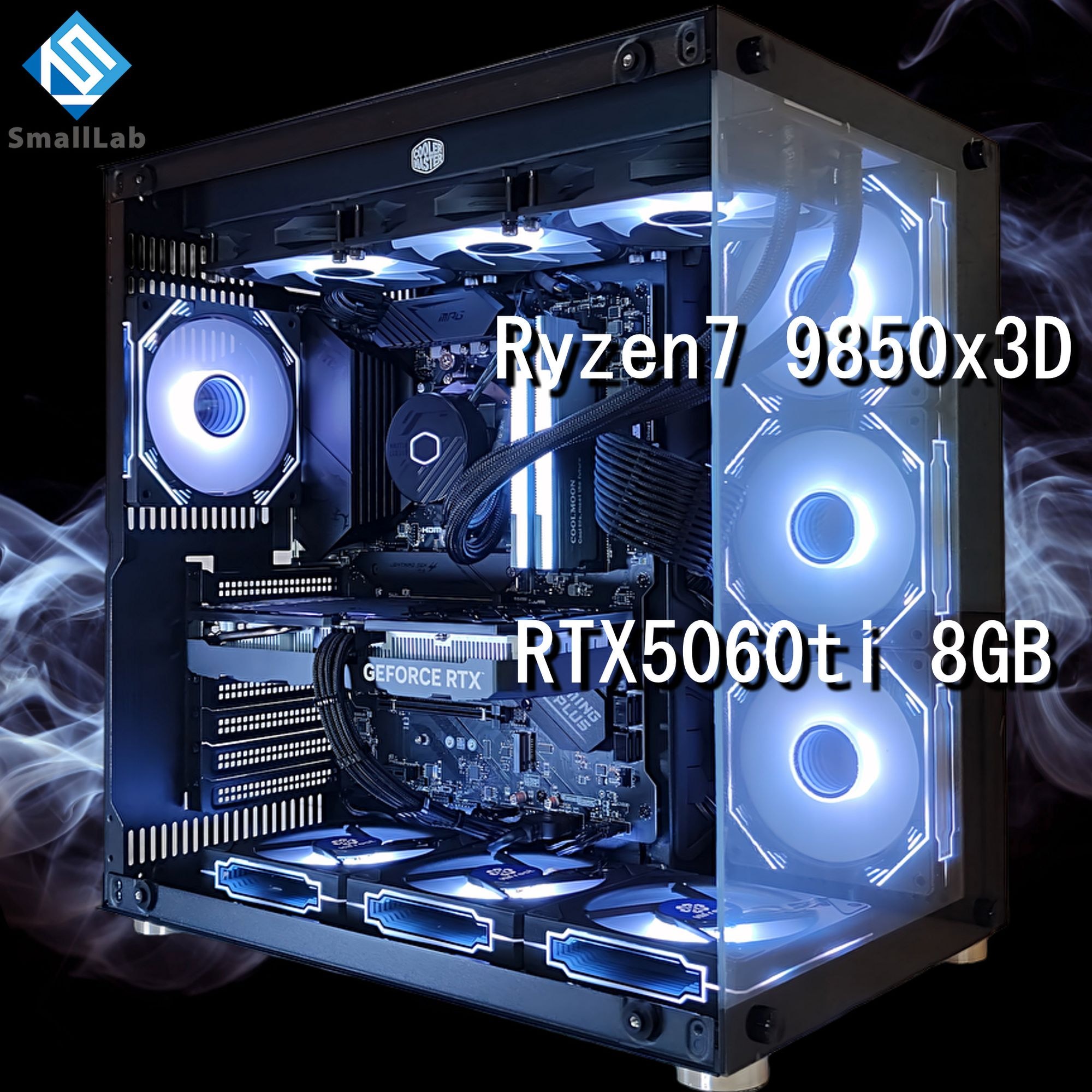 スモールラボ AMD Ryzen7 9850x3D ／ RTX5060ti 8GB ガラス2面ATX ゲーミングPC Windows11 Home SSD M.2 NVME 1TB メモリ DDR5 4800MHz 32GB 簡易水冷 360mm ブラック 黒
