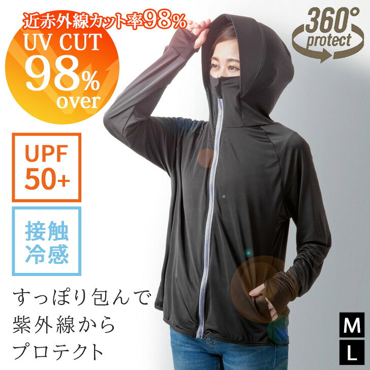Rakuten - ＼本日店内EVENT／ UPF50＋UVカット接触冷感水陸両用ツバ付き指穴パーカー(ブラック) レディース UVカットパーカー ラッシュガード アウター 夏 羽織り サンバイザー 帽子付き 涼しい ゆったり 薄手 紫外線 日焼け防止