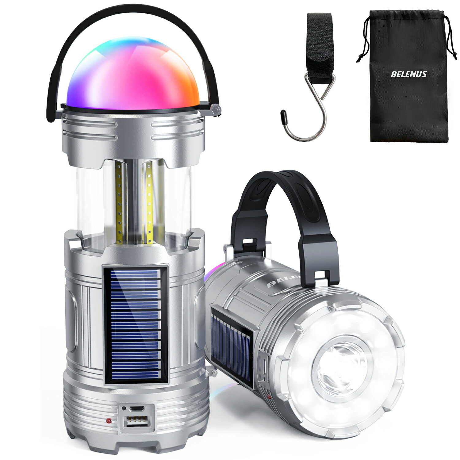 ソーラー充電 USB充電 乾電池対応 多機能LEDランタン モバイルバッテリー 懐中電灯モード 虹色ムードライト搭載 高輝度 明るい キャンプ 吊り下げ 軽量 小型 緊急 防災 防水 1個セット 2年保証 ★レビュー特典あり