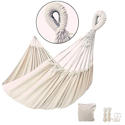 ハンモック 室内 アウトドア 綿1/2人用折りたたみ 耐荷重300kg キャンプ バーベキュー インテリア レジャー おしゃれ お昼寝 キャンプ 寝具 公園 収納袋付き(260x150cm) (白い, 250X150cm)のサムネイル