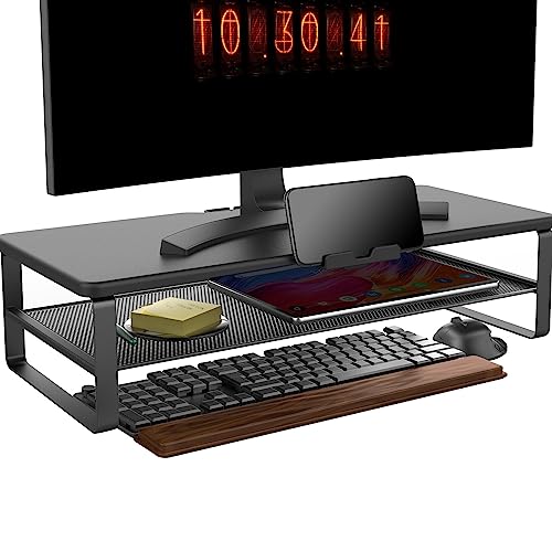 Doowiit モニター台 2段収納 ラック 卓上 スタンド 机上台 安定性 パソコン pc キーボード収納 プリンタ 液晶モニター台 幅52c