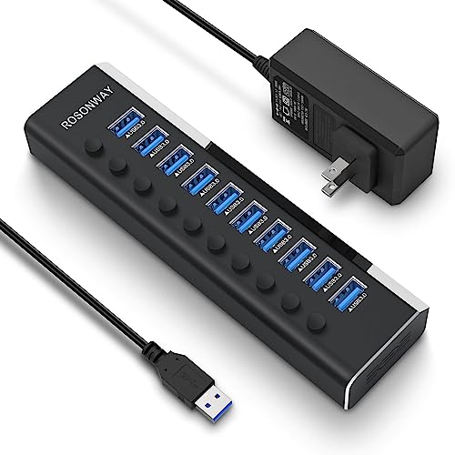 USB3.0ハブ 電源付き ROSONWAY 10ポート USBハブ アルミ製で アップ 5Gbps高速転送 セルフパワー USB拡張 独立スイ