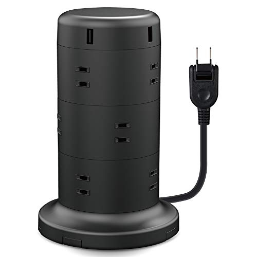 エレコム 電源タップ タワー型 延長コード [ 12個口 & USB×5ポート ] 固定パーツ付 雷ガード ほこりシャッター 2m ブラック E