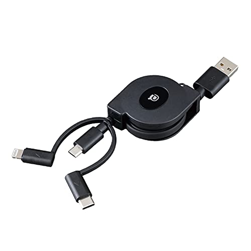 ブラック/約0.8m/AL361・パッケージ個数:1・スマートフォン、iPhone両方の端末の充電、データ通信に対応した3WAYのリールケーブルです。・microUSB、Lightning、TYPE-Cを1本に集め、Android、iPhone、モバイルバッテリーなど各機器へ接続が可能。・巻き取り式ケーブルでコンパクトに持ち運びができます。・ケーブルの長さは約80cm。出力2.4A対応。50年以上も国内カー用品市場で実績を積んできた大手カー用品メーカー「セイワ(SEIWA)」から登場。 リール収納式のType-Aの充電ケーブルで、接続機器に合わせてLightningコネクタとmicroUSBコネクタとUSB type-Cコネクタを選べます。 最大2.4A出力の充電ができます。データ通信、同期が可能です。Apple社MFi認証製品です。