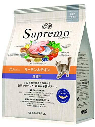 ・ 2) 2kg NS509・・Size:2) 2kg・自然素材にこだわるニュートロから待望の猫用シュプレモシリーズが誕生・17種類の厳選自然素材を使用し、抜群のおいしさと最適な栄養バランスを実現したナチュラルフード・フィッシュファースト(第一主原料にサーモンを使用)皮膚被毛の健康維持、下部尿路の健康維持・ライフステージ(子猫用・成猫用)と3つの味で選べる4バラエティ・総合栄養食商品紹介 17種類の厳選自然素材を使用し、抜群のおいしさを実現したナチュラルフード。自然素材のおいしさと栄養素をそのままに、最適な栄養バランスを実現したホリスティック・ブレンドを採用。肉食の猫のために、お肉とお魚が原料のおいしい食事です。 総合栄養食：本品は、ペットフード公正取引協議会の定める分析試験の結果、総合栄養食の基準を満たすことが証明されています。 AAFCO栄養基準：本品は、AAFCO（米国飼料検査官協会）規定の分析試験により、成犬の健康維持に適したバランスの良い総合栄養食であることが証明されています。 ニュートロ?製品は、ペットケアとペット栄養学の権威である「ウォルサム研究所」の知見をもとに設計しています。 使用上の注意 予告なくパッケージ、仕様(原材料、生産国、色、形状、サイズ等)の変更がある場合がございます。予めご了承ください。 原材料・成分 ●原材料：サーモン(すり身)*2、チキンミール、エンドウタンパク、大麦*3、玄米*4、エンドウマメ*3*5、ビートパルプ*3、鶏脂*1*6、モロコシ、チキン(肉)、タンパク加水分解物、亜麻仁*3*7、チアシード*3*7*8、ココナッツ*9、トマト*8、乾燥卵、パンプキン*8、ケール*8、ホウレン草*8*10、ブルーベリー*8、リンゴ*8、ニンジン*8、ビタミン類(A、B1、B2、B6、B12、C、D3、E、コリン、ナイアシン、パントテン酸、ビオチン、葉酸)、ミネラル類(カリウム、カルシウム、クロライド、セレン、ナトリウム、マンガン、ヨウ素、亜鉛、鉄、銅)、アミノ酸類(タウリン)、酸化防止剤(ミックストコフェロール、ローズマリー抽出物、クエン酸)*1ミックストコフェロールで保存*2DHA、EPA含、*3食物繊維含、*4鉄分、亜鉛、ビタミンE含、*5ビタミンB1含、*6リノール酸含、*7α-リノレン酸、*8抗酸化成分含、*9中鎖脂肪酸、カリウム含、*10鉄分含 ●成分値：タンパク質:35.0%以上、脂質:14.0%以上、粗繊維:4.0%以下、灰分:9.6%以下、水分:8.0%以下、［その他含有成分］オメガ3脂肪酸:0.50%以上、オメガ6脂肪酸:2.90%以上、マグネシウム:0.14%(標準) ●代謝エネルギー:365kcal/100g 使用方法 体重1kg:25g(200ccカップ0.3)、2kg:35g(200ccカップ0.4)、3kg:50g(200ccカップ0.5)、4kg:60g(200ccカップ0.6)、5kg:70g(200ccカップ0.7)、6kg:80g(200ccカップ0.8)、7kg:90g(200ccカップ0.9)、8kg:95g(200ccカップ1.0)、9kg:105g(200ccカップ1.1)、10kg:110g(200ccカップ1.2) 1日の食事量を2回程度に分けて与えてください。新鮮な水をいつでも飲めるようにたっぷり用意してあげてください。