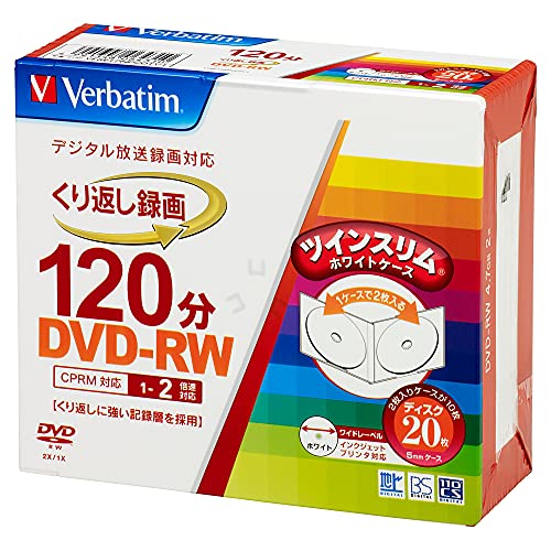 ホワイト/20枚(プラケース)/VHW12NP20TV1・Size:20枚(プラケース)PatternName:単品・パッケージ個数:1・品種:録画用 DVD-RW(4.7GB)・くり返し録画用・録画時間:120分・盤面印刷:（ホワイト） / 範囲:22mm-118mm(ワイド)・倍速:1-2倍速 ケース:5mmツインスリムケース 入り数:20枚くりかえし録画用DVD-RW/CPRM/1-2倍速記録対応/120分(4.7GB)/インクジェットプリンタ対応/ホワイト・ディスク/ツインスリムケース採用 保存安定性に優れ、繰り返し記録に強い独自開発の記録層SERL採用のため 高品質プラスチック基板と高度な成形技術がエラー発生率を抑制 うまく書き込めなかった時は・・・ ・ディスクに汚れ（指紋・ほこり等）はありませんか？ ・書き込み機器（PC・レコーダー）のファームウェアは最新ですか？ 上記を確認の上、万一当社の製造上の原因による品質不良がありました場合は、ご購入後1年以内に限り、同数の新しい製品とお取り替えいたします。 ご購入日を示す納品書やレシートをご準備いただき、サポートセンターまでご連絡ください。 記録内容の復旧/補償は行っておりません。 （お問合せ先/日本総店 株式会社アイ・オー・データ機器） ・電話番号：050-3116-3022 　受付時間：9：00〜17：00　月〜金(祝祭日を除く)