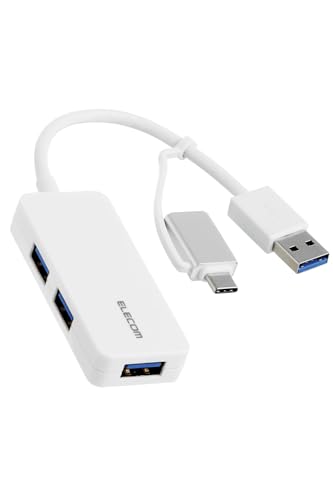 Rakuten - エレコム USBハブ USBHUB 5Gbps Type-C変換アダプタ付 ケーブル固定 3ポート ホワイト U3H-CAK3005BWH