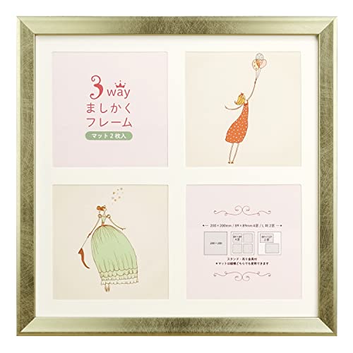 軽量シンプルゴールド/20角/3SQFR-20GD・Color:ゴールドSize:20角Style:軽量シンプル・パッケージ個数:1・本体：樹脂製　面材：樹脂・外寸： 219×219mm×15mm、内寸： 200×200mm、窓寸： 193×193mm、重量： 約210g・材質　フレーム：樹脂製、裏板：MDF材、面材：0.5mm厚透明樹脂板・マット台紙2枚付き（紙マット）　1. 89×89mm写真×4窓：[マット窓寸]79mm×79mm×4窓、2. L判写真×2窓：[マット窓寸]79mm×117mm×2窓・かぶせ箱（白箱）＋ヘッダー付OPP袋正方形がかわいい、軽くてシンプルなフォトフレームです。 マットを外せば、刺繍・ハンドメイド作品など厚み2.5mmの作品まで収納できます。 面材を外せば、厚み3mmのものまで収納可能です