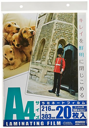 20枚不明/A4/LAM-FA4203・Size:A4・パッケージ個数:1・A4サイズ（216×303mm）・フィルム厚：100ミクロン キレイを鮮明に閉じこめるラミネートフィルムです。 ダイオキシン「ゼロ」。焼却してもダイオキシンが発生しません。 フィルム厚：100ミクロン A4サイズ（216×303mm） 20枚入り