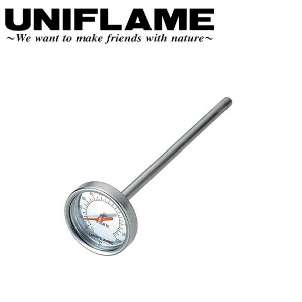 メーカー希望小売価格はメーカーカタログに基づいて掲載していますUNIFLAME/ユニフレーム/スモーカー温度計全長：約130mm×φ34mm-できあがりまでフタはなるべく開けたくないもの。温度管理には必需品です。 【材質】 本体：ステンレス鋼 目盛り部：ガラス・バイメタル 【ほか記載事項】 温度計測範囲：0〜220℃ ※水漏れ厳禁 ------------------------------------------------------------ ※モニタやPC環境等により実物と多少色合いが異なって見える場合もございます。 ※外箱がある商品につきましては生産、運搬の過程上、商品の箱(外箱)に多少の汚れや、破れ等が生じる場合がございます。 予めご了承の上お買い求め頂きます様、よろしくお願いいたします。 ※パターン生地を使用している商品によってはパターン位置に個体差がございます。予めご了承下さい。 ※一部商品画像にメーカー提供画像を使用している商品もございますので、仕様が予告なく変更される場合がございます。 ※複数のショッピングモールで同時販売しておりますので、在庫切れになってしまう場合がございます。 厳重に注意し在庫システムで管理を行っておりますが、お買い上げいただいた商品が品切れになってしまう場合がございます。 また、人気商品に関しましても複数のお客様が一度に購入を行い、在庫の反映が間に合わずご購入できてしまう場合がございます。 その際はお客様には必ずご連絡をさせていただきますが、万が一入荷予定がない場合はキャンセルさせていただく場合がございます。 大変申し訳ございませんがあらかじめご了承ください。 ※メール便発送対象商品に関しましては、メール便規定料金にてお送りします。 ※ガス缶などをご使用いただく商品の場合、同メーカーのものをご使用いただくことを推奨しております。製品不良などが起こった場合、保証対象外となる場合がございます。 ------------------------------------------------------------