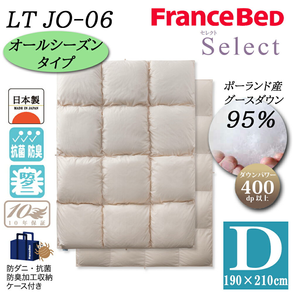 フランスベッド 羽毛布団 オールシーズンタイプ 2枚合わせ D ダブル LT JO-06 セレクト Select ホワイトグースダウン95% ポーランド産 制菌 消臭 防ダニ 抗菌 防臭 10年保証 JOORYU 高級 高品質 羽毛ふとん ベーシック 送料無料 日本製