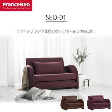 ソファベッド SED-01 フランスベッド パープル ブラウン スライド式 ウッドスプリング クッション1個付き キャスター付き 120cm 組立設置込