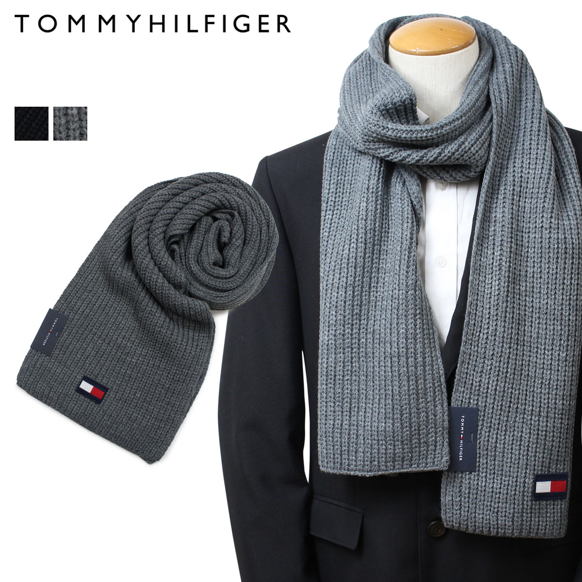 トミーヒルフィガー TOMMY HILFIGER マフラー メンズ ブラック グレー H8C83203 TH-F18-5003