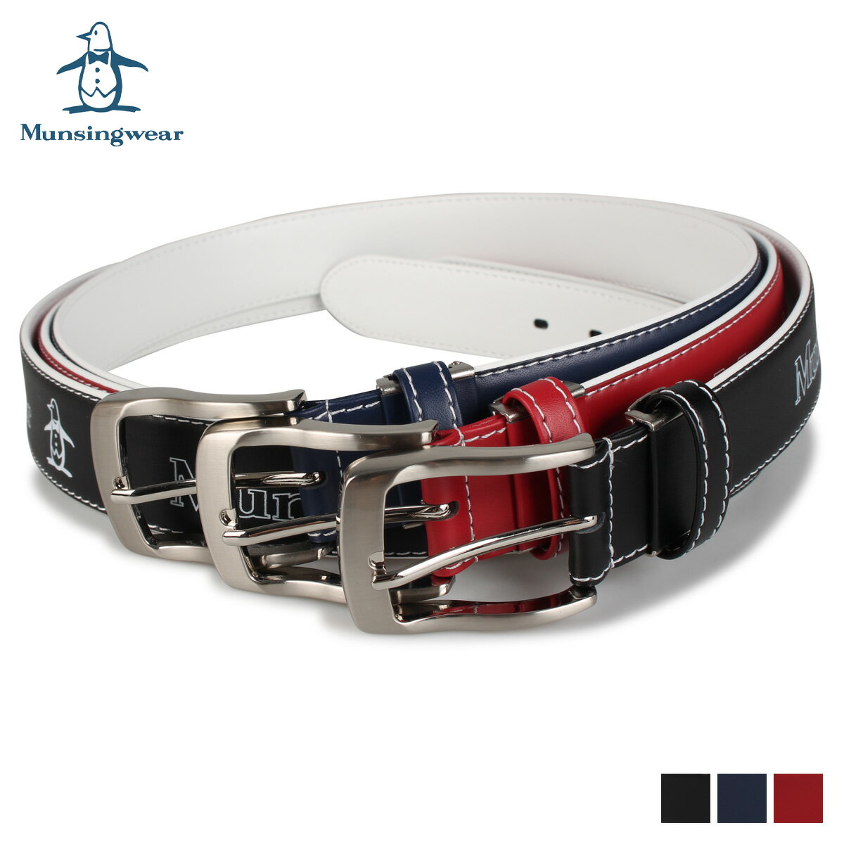 レザーベルト マンシングウェア Munsingwear ベルト レザーベルト メンズ LEATHER BELT ブラック ネイビー レッド 黒 MU-1050119