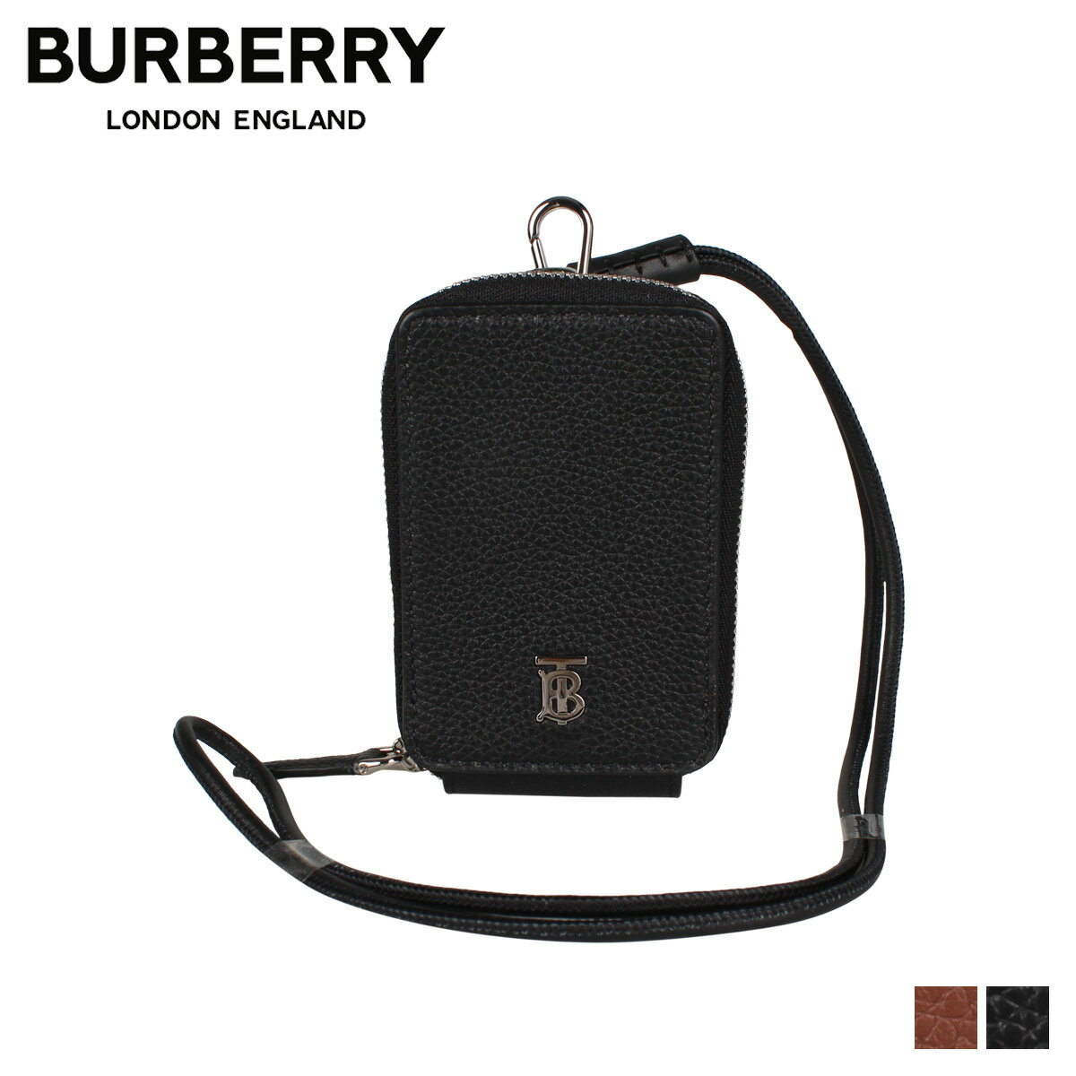 バーバリー BURBERRY 財布 小銭入れ コインケース カードケース メンズ レディース ラウンドファスナー イタリア製 GRAINY LEATHER CARD CASE LANYARD ブラック ブラウン 黒 115981