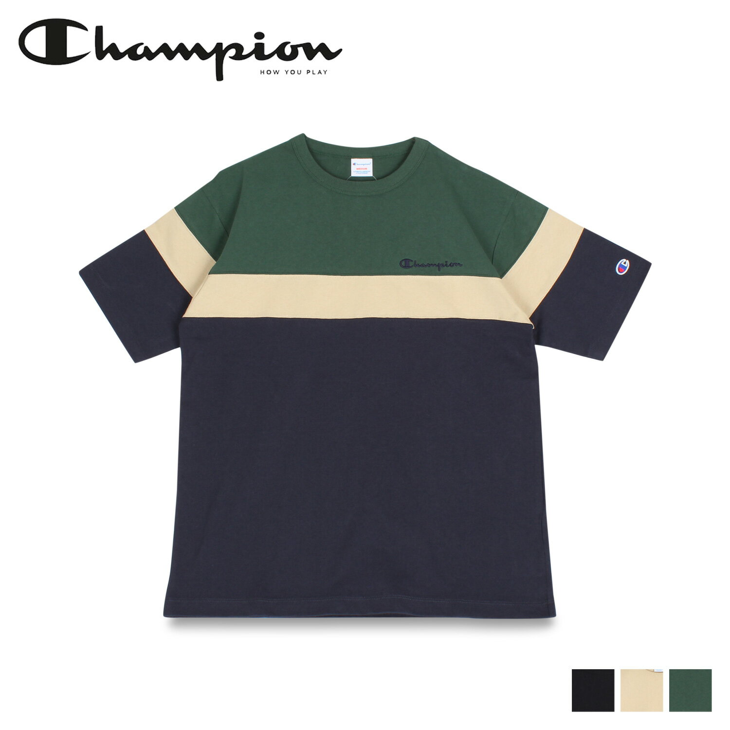 チャンピオン Champion Tシャツ 半袖 メンズ レディース PANEL T-SHIRT ブラック ベージュ ダーク グリーン 黒 C3-T337