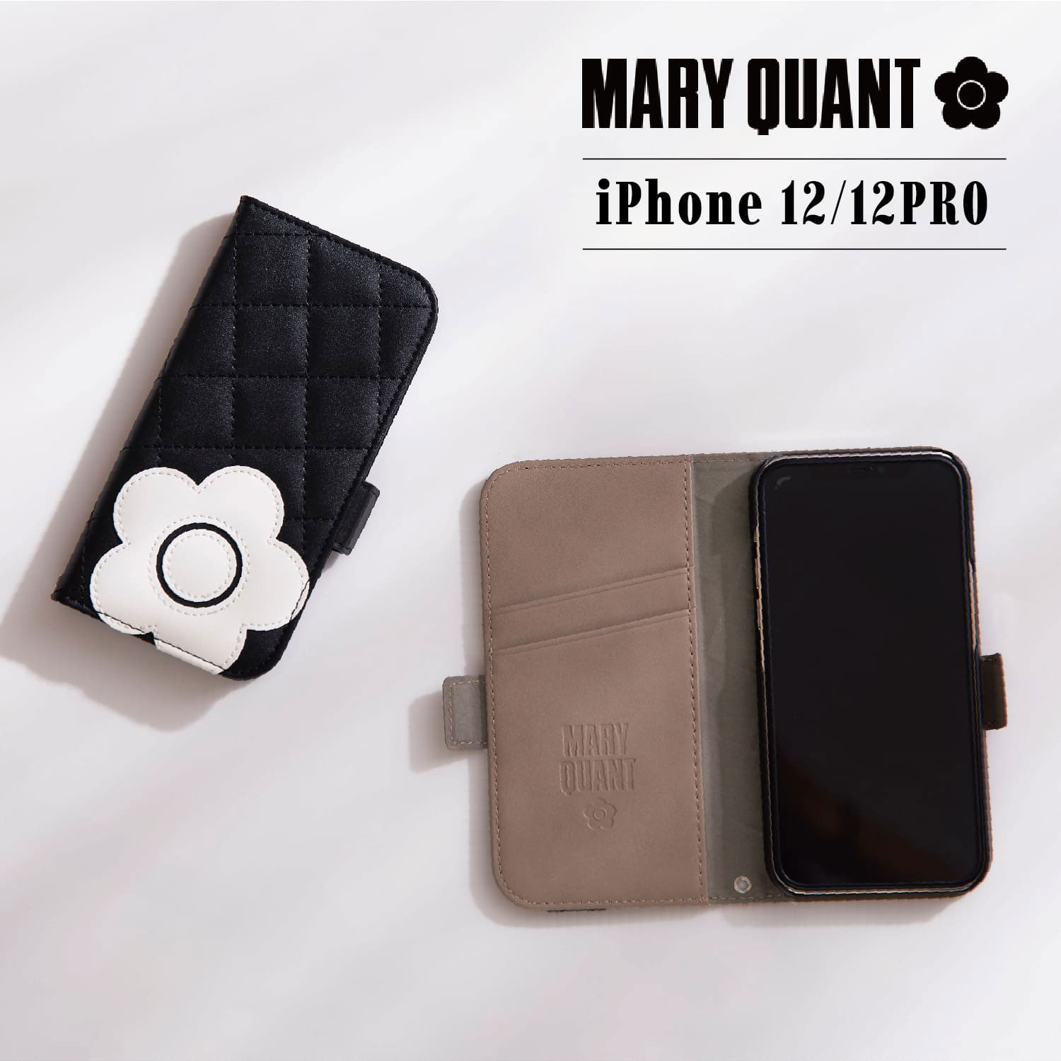 マリークヮント スマホケース レディース MARY QUANT マリークワント iPhone 12 12 Pro スマホケース スマホショルダー 携帯 手帳型 レディース マリクワ PU QUILT LEATHER BOOK TYPE CASE ブラック ベージュ 黒 IP12-MQ01 母の日