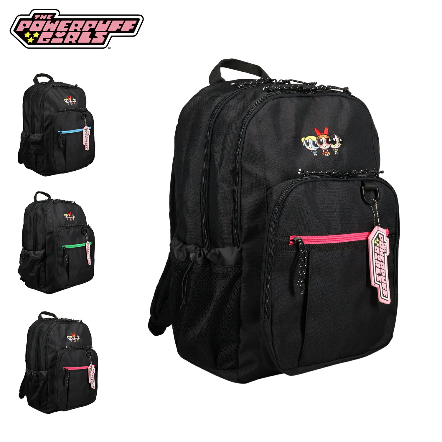 パワーパフ ガールズ THE POWERPUFF GIRLS リュック バッグ バックパック レディース 28L 軽量 刺繍 チャーム付き 高校生 女子高生 中学生 BACK PACK ブラック 黒 TPGSR-04