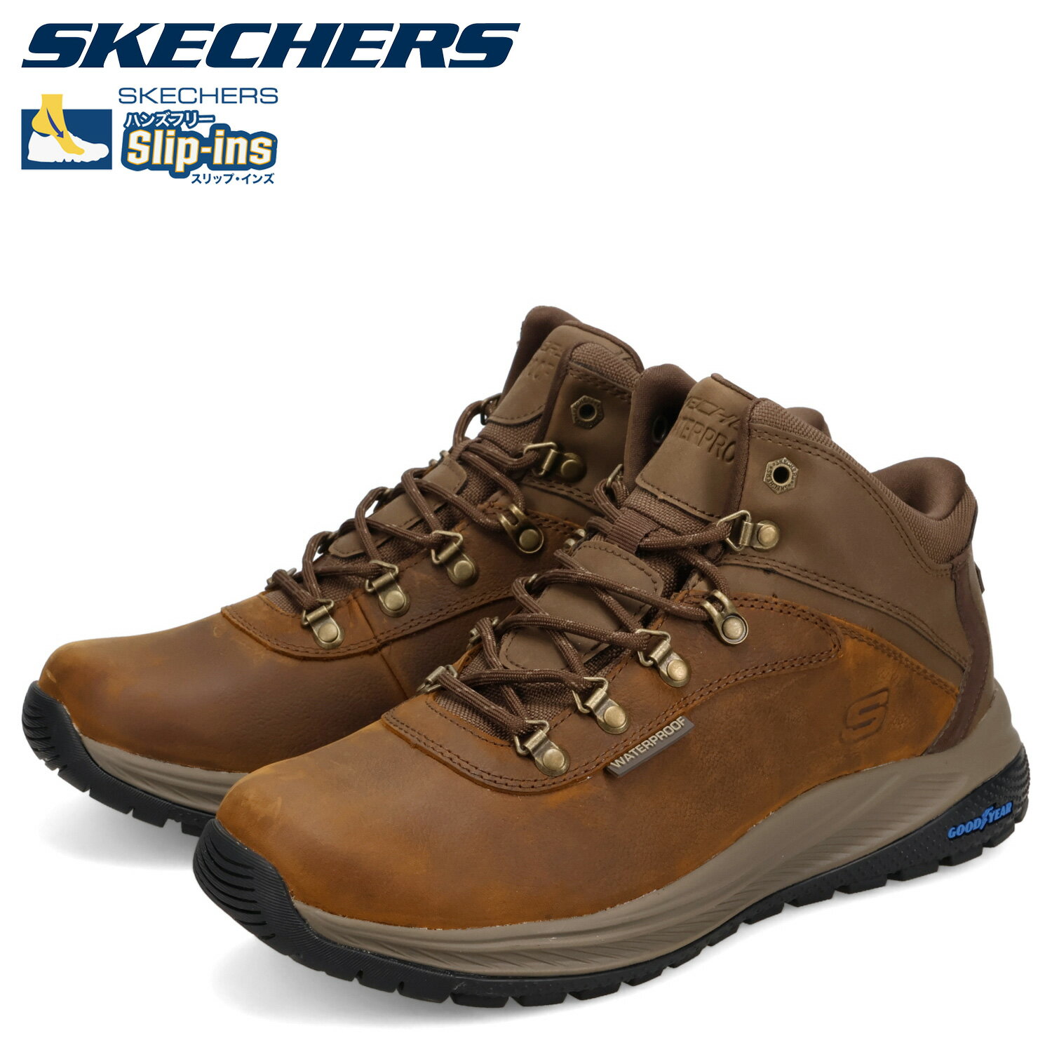 【最大1000円OFFクーポン発行中 12/11 11:59まで！】 スケッチャーズ SKECHERS スリップインズ リラックスドフィット メロエ パイクマン ブーツ ハイキングブーツ メンズ 幅広 防水 防滑 SLIP-INS MEROE ブラウン 205285WW