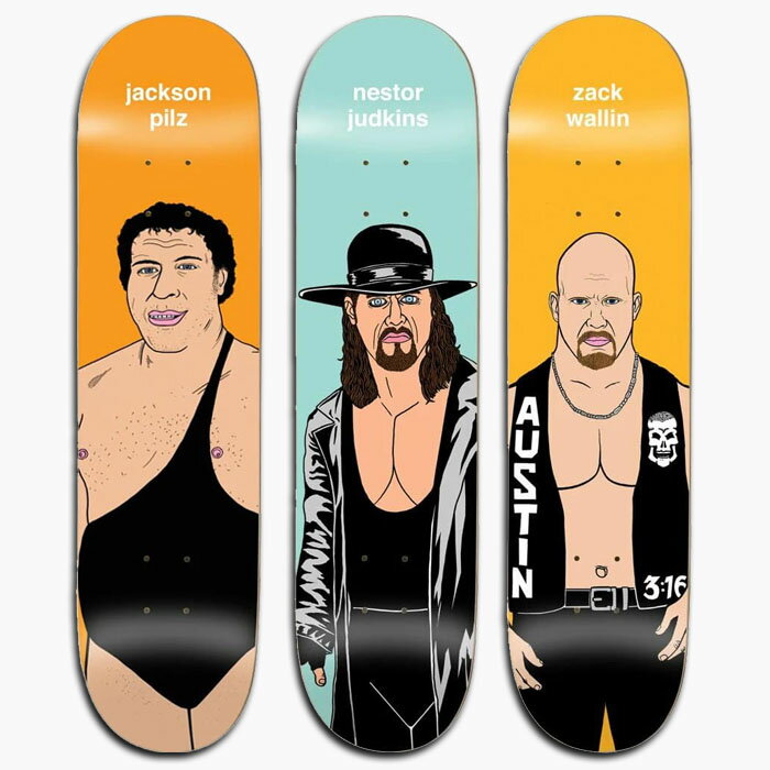 ENJOI SKATEBOARDS エンジョイ スケートボード BODY SLAM R7 DECK ボディスラム デッキ PILZ(8.25X31.9) JUDKINS(8.0X31.6) WALLIN(8.25X32.1) ENJOI SKATEBOARDS(エンジョイ)の人気シリーズ、ボディスラムデッキ。 ENJOI所属ライダーのJACKSON PILZ(ジャクソン・ピルズ)、NESTOR JUDKINS(ネスター・ジャドキンス)、ZACK WALLIN(ザック・ウォーリン)のプロデッキ。 それぞれアンドレ・ザ・ジャイアント、ジ・アンダーテイカー、ストーン・コールド・スティーブ・オースチンのイラストがプリントされています。 RESIN7と呼ばれる7プライの高品質な北米メイプルに硬化樹脂で糊付けした通常の7プライデッキよりも強化されたデッキを採用しています。 優れたポップ性能と耐久性で長持ちします。 サイズ PILZ 幅8.25インチ/長さ31.9インチ/ウィールベース14.25インチ メロウコンケーブ/スティープキック JUDKINS 幅8.0インチ/長さ31.6インチ メロウコンケーブ/スティープキック WALLIN 幅8.25インチ/長さ32.1インチ ミディアムコンケーブ/メロウキック 仕様 ・ENJOIロゴステッカー付 ・こちらの商品は「デッキテープ貼付サービス」の対象外です。 ・こちらの商品は「コンプリートデッキ組立サービス」の対象外です。 上記のサイズについては、メーカー公表値を掲載しておりますが、個体差、若干の誤差がございます。 製品の特性上、プリントのわずかなカスレや細微な傷がございます。不良品ではございません。 シュリンクの破れや開封済みのものにつきましても、輸送や検品によるものです。全て当店にて検品後に発送させていただいておりますので、ご安心ください。 ご使用による破損等はすぐに折れたなどの場合であっても返品・交換の対象外とさせていただきます。 スケボーで遊ぶ場合は、必要なヘルメットやサポーター、プロテクターなどを装着し、安全な場所でお楽しみください。禁止されている場所での走行やトリックの練習などは周囲の迷惑や危険につながりますので、おやめください。 こちらの商品は姉妹店と在庫を共有しておりますので、売り違いが生じる事がございます。予めご了承下さい。 商品画像については、可能な限り実際の商品に近いカラーにて掲載をしておりますが、お客様が使用されているパソコンのモニターやモバイル端末の機種によって見え方には多少の違いがございます。 メーカー希望小売価格はメーカーカタログに基づいて掲載しています【スケボー デッキ 8.0 8.25】ENJOI BODY SLAM R7 エンジョイ スケートボード デッキ単体 プロレスラー 大人用