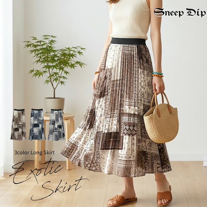 樂天商城 - 送料無料 パッチワークエスニックスカート スカート ロングスカート ロンスカ ニュアンス レトロ アジア エスニック ウエストゴム こなれ 抜け感 大人 柄スカート ボトムス かわいい 春夏 バンダナ パッチワーク プリーツ オリエンタル 細かいプリーツ 柄スカート ひらひら