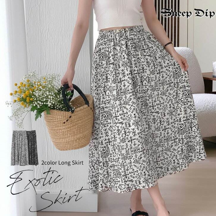 樂天商城 - 送料無料 オリエンタルモダンスカート スカート ロングスカート ロンスカ ニュアンス レトロ ピクトグラム ウエストゴム こなれ 抜け感 モード 大人 柄スカート ボトムス 体型カバー かわいい 春夏 象形柄 エジプト風 幾何学 オリエンタル ひらひら フレアスカート 個性的