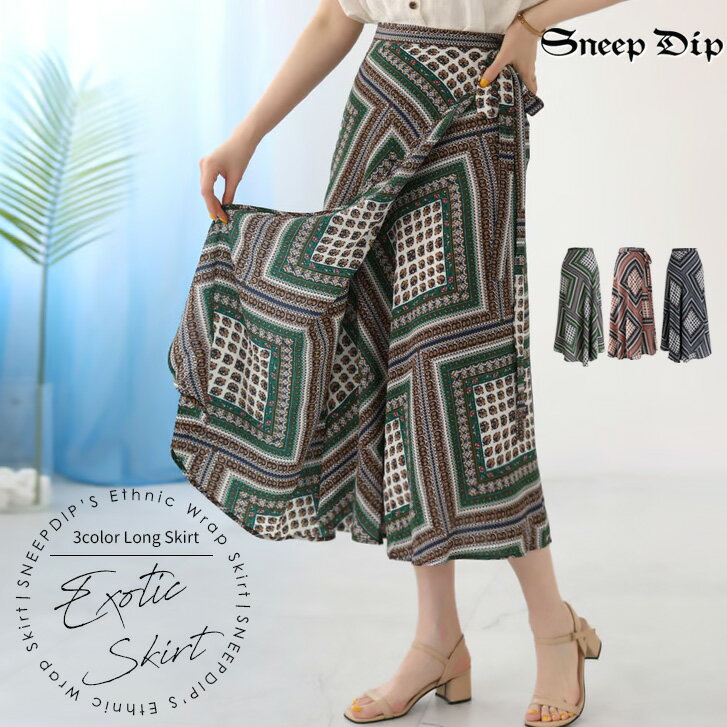 樂天商城 - 送料無料 エスニックラップスカート スカート ロングスカート ロンスカ ニュアンス レトロ アジア エスニック ウエストゴム こなれ 抜け感 モード 大人 柄スカート ボトムス 体型カバー かわいい 春夏 巻きスカート 幾何学 オリエンタル ひらひら ラップスカート モダン