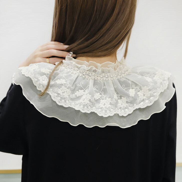 【ネコポスOK】レース＆フリルリボンケープ 付け襟 ブラウス付け襟 フェイクカラー フェミニン フリル オーガンジー 重ね着風 レイヤード 甘い 清楚 可愛い クラシカル ゴージャス エレガント 華やか アクセ アクセサリー リボン 襟 セーラーカラー ガーリー ケープ