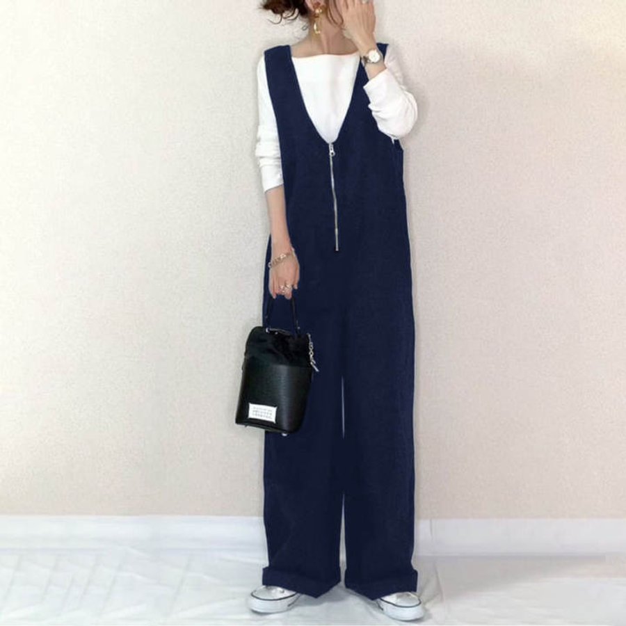 オーバーオール レディース サロペット ワイドパンツ ロング フルレングス ノースリーブ Vネック オーバーサイズ 大人可愛い きれいめ シンプル カジュアル 上品 レディースファッション 体型カバー ウエストゴム 通勤 お出かけ