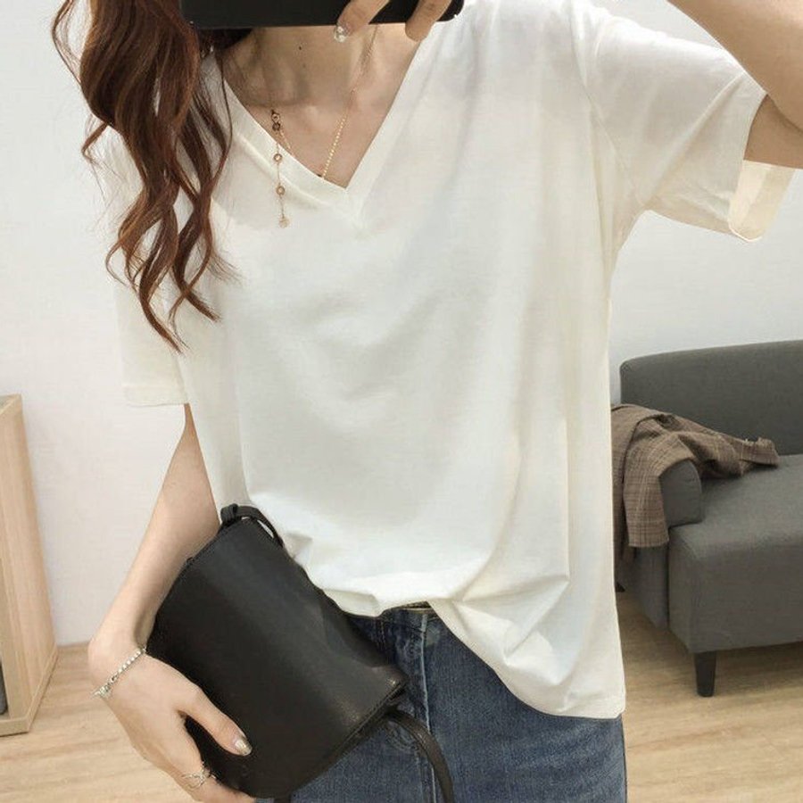 レディース Tシャツ 半袖 大きいサイズ ゆったり オーバーサイズ Vネック 無地 体型カバー 着痩せ オフィスカジュアル 通勤 きれいめ 春夏 夏服 ブラック ホワイト レンガ 大人カジュアル 楽ちん sng-store-10007525 ファッション&生活雑貨 SNG-Store パッケージ画像
