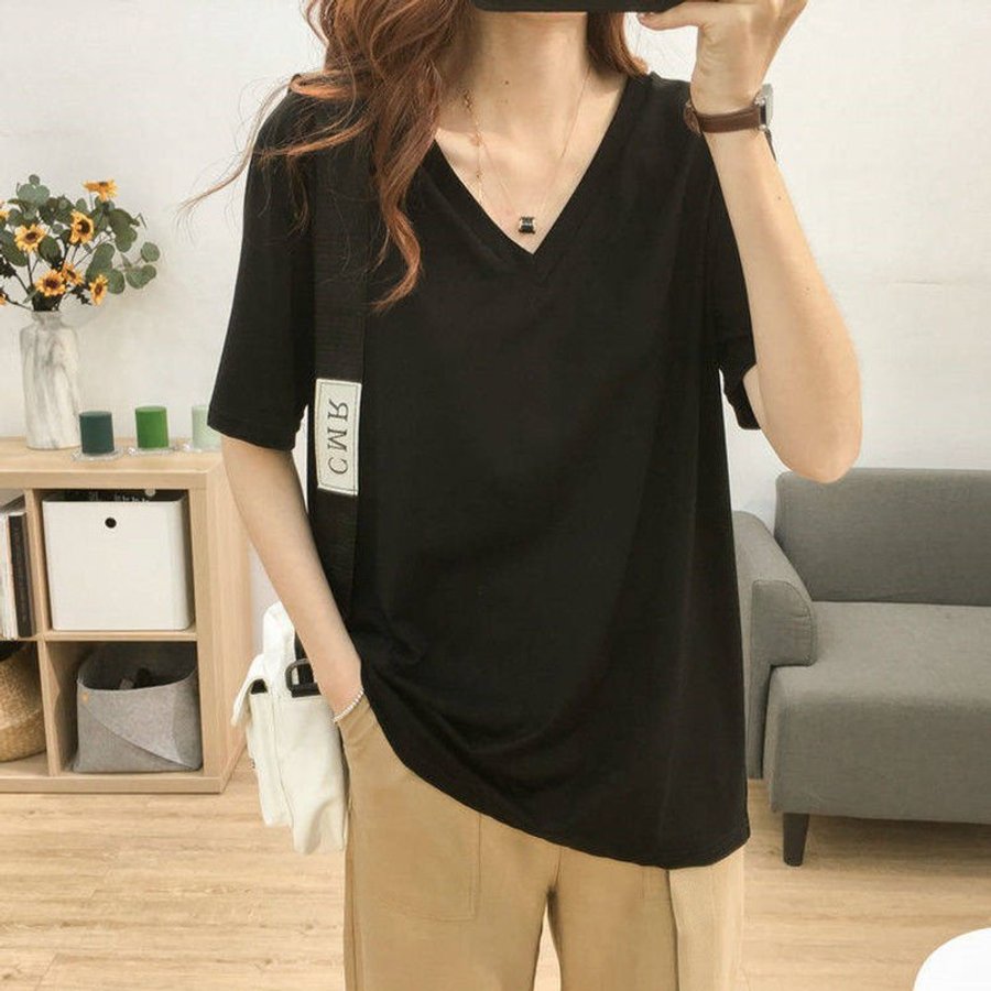 レディース Tシャツ 半袖 大きいサイズ ゆったり オーバーサイズ Vネック 無地 体型カバー 着痩せ オフィスカジュアル 通勤 きれいめ 春夏 夏服 ブラック ホワイト レンガ 大人カジュアル 楽ちん sng-store-10007525 ファッション&生活雑貨 SNG-Store サンプル画像2