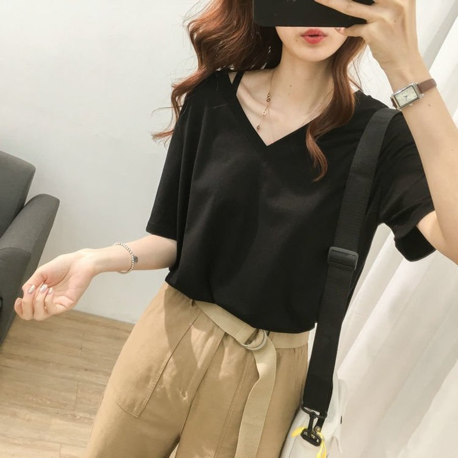 レディース Tシャツ 半袖 大きいサイズ ゆったり オーバーサイズ Vネック 無地 体型カバー 着痩せ オフィスカジュアル 通勤 きれいめ 春夏 夏服 ブラック ホワイト レンガ 大人カジュアル 楽ちん sng-store-10007525 ファッション&生活雑貨 SNG-Store サンプル画像3