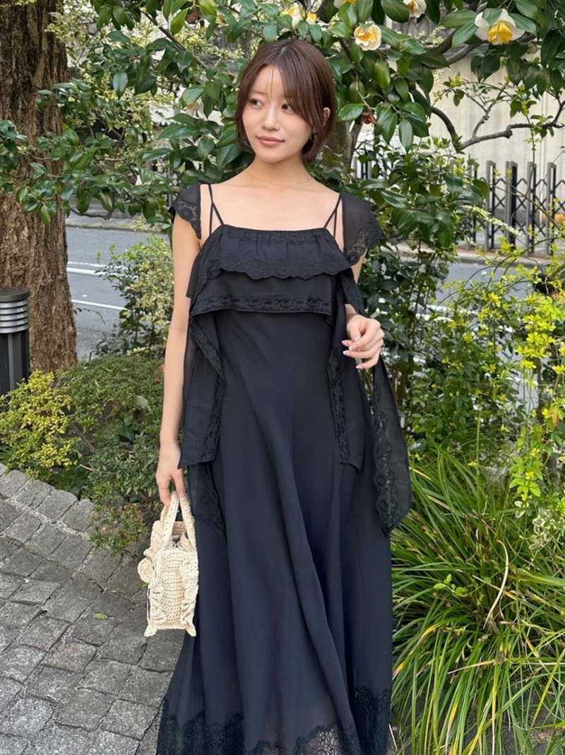 Rakuten - シルキーシフォンレースキャミワンピース SNIDEL スナイデル ワンピース・ドレス ワンピース ブラック イエロー【先行予約】*【送料無料】[Rakuten Fashion]