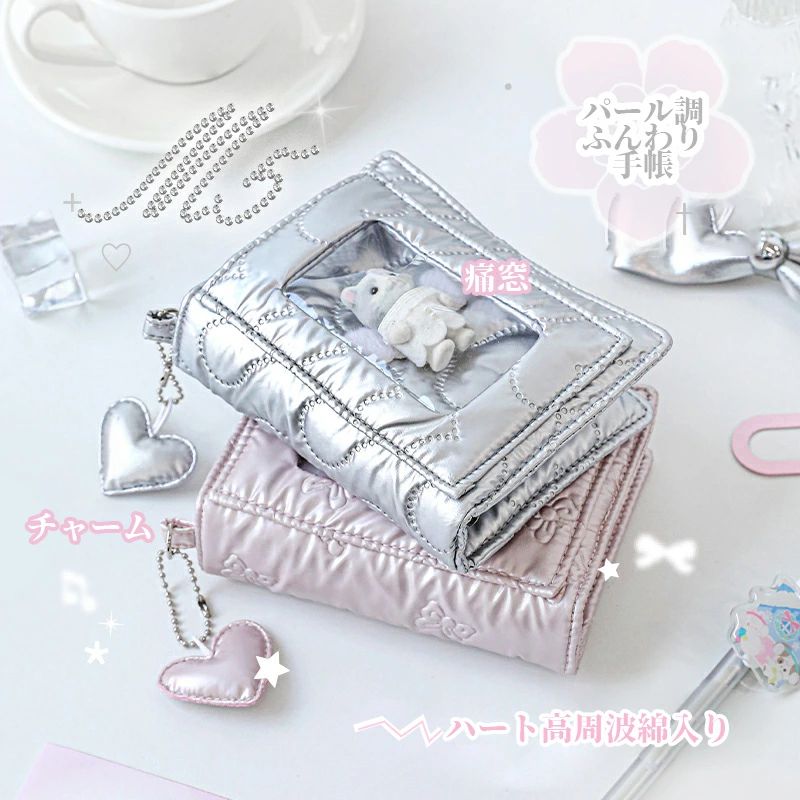 M5活頁手帳 ハート入り ふわふわ 柔らか ガーリー 高級感 ミニ カード?チェキ収納可 コラージュページ 透明リフィル付き チャーム付き