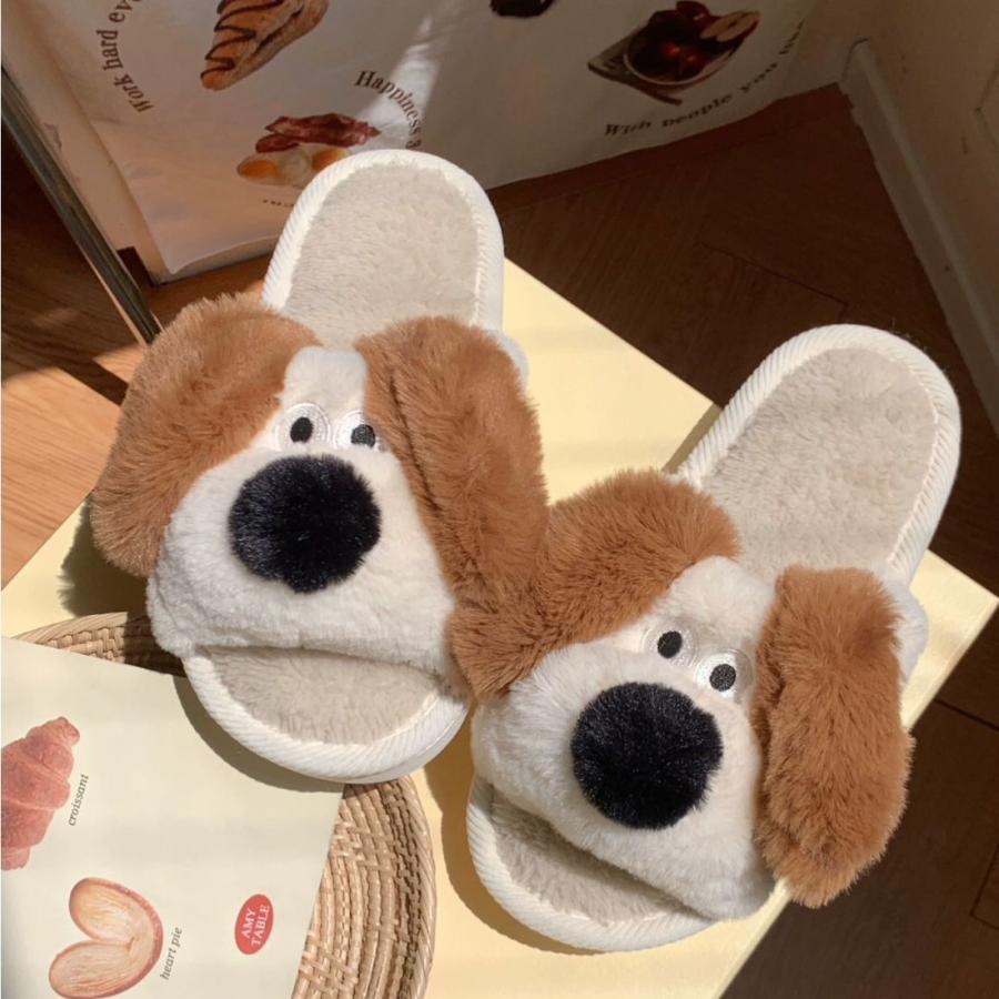 Rakuten - スリッパ ふわふわ シューズ レディース メンズ カップル もこもこ いぬ 犬 室内履き ボ アシューズ スリッポン 暖かい 秋冬 ボア モカ 可愛い 歩きやすい