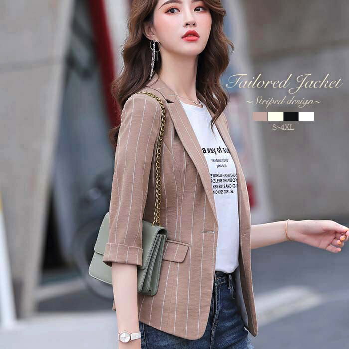 テーラードジャケット 細ライン ストライプ 1ボタン 七分袖 五分袖 レディース ジャケット アウター カジュアル 可愛い お洒落 重ね着 SMLXL2XL3XL4XLのサムネイル