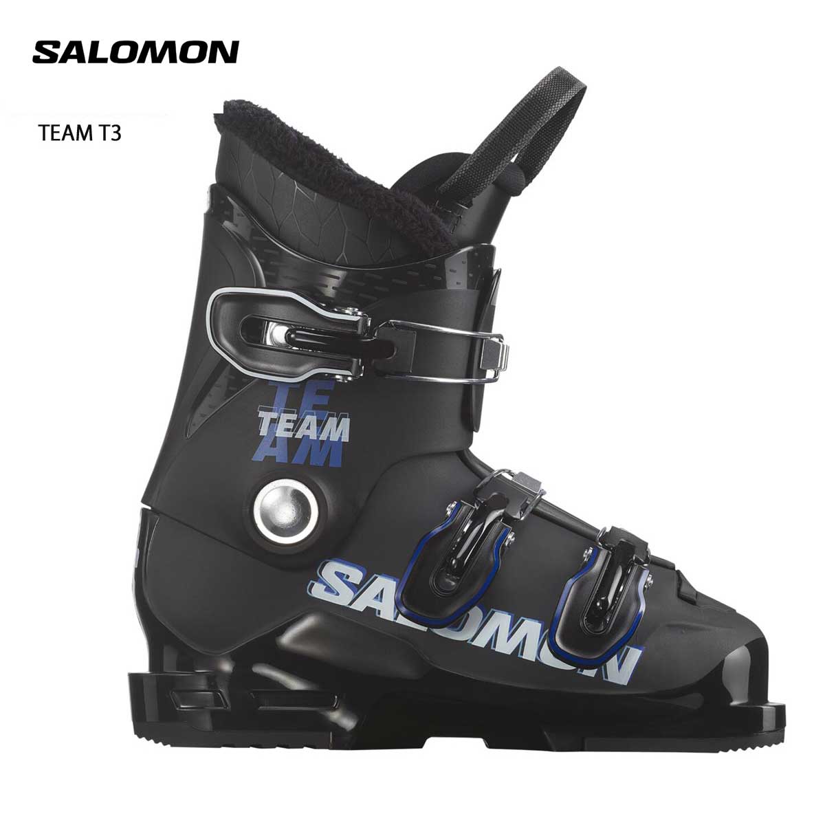 メーカー希望小売価格はメーカーカタログに基づいて掲載していますSALOMON サロモン スキーブーツ■TEAM T3チーム T3SPECIFICATIONLAST (mm) 　KIDFLEX 　30 JRWEIGHT (g) 　1180 (1/2pair)SIZE (cm) 　22/22.5 to 25/25.5COLOR 　Black, Race Blue, WhiteNORM 　ALPINE ISO5355TECHNOLOGIESPolyolefinCUFF / STRAP / BUCKLESPolyolefi / NO STRAP / 3 Riveted Vario PlasticLINERMy Thermic Fit Jr原産国ROMANIA3バックルを採用した快適性の高いジュニア用ブーツです。子供の小さな手でも扱いやすく足入れが容易で、簡単に脱ぎ履きすることができます。※メーカー企画書の情報で商品登録を行っております。予告なしに商品名と仕様変更される場合がございます。0