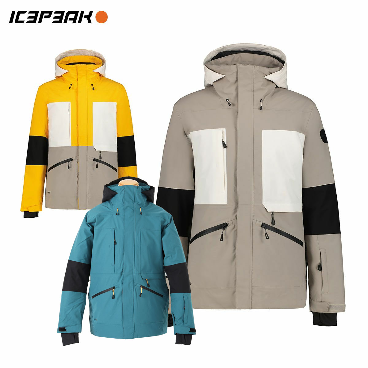 メーカー希望小売価格はメーカーカタログに基づいて掲載していますICEPEAK アイスピーク スキーウェア ジャケット メンズ■56221 ICEPEAK CALEアイスピークケール■耐水圧：10000mm■透湿性：5000g/m2/24h■カラー・230:STEEL GREY・437:YELLOW・530:EMERALD・990■Size:46/JPS48/JPM50/JPL52/JPXL■Materials・100% PES (W)・Lining: 100% PES■Features・Warm insulation (body 100g/m2, sleeve 80g/m2・Relaxed fit.・Articulated elbows.・Adjustable fixed hood.・Elastic inner cuffs with thumbholes.・Helmet-compatible hood.・Adjustable hem and cuffs.・Lined hand-warmer pockets.・-Two-way front zip.・Fixed snow gaiter.・Snow gaiter with anti-slip silicone band.・Internal zip pocket with earphone cable port.・Large internal mesh pocket.・Ski pass pocket.※メーカー企画書の情報で商品登録を行っております。予告なしに商品名と仕様変更される場合がございます。